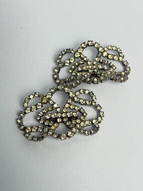 Vintage MUSI Rhinestone Shoe Clips Pair Silver Tone Large Bow Scroll 1950s